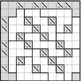 Sudokuro - Do každého prázdného políčka vepište číslici od 1 do 7 tak, aby se v žádném řádku, sloupci ani
nepravidelném regionu žádné z čísel 1-7 neopakovalo. Čísla v šedě zabarvených polích udávají součet
všech čísel v souvislé řadě bílých polí v příslušném směru (vpravo nebo dolů – jako v křížovce).