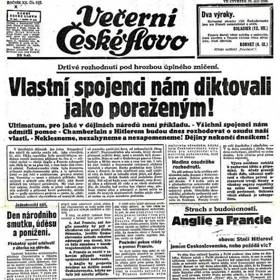 Titulní strana novin Večerní České Slovo reagující na podpis paktu.