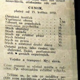 Ceník z nevěstince z roku 1932.