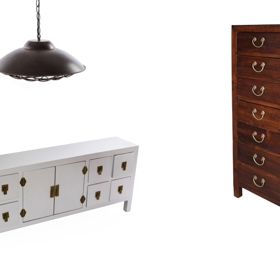 Zleva: závěsná lampa: 2 940 Kč (jediný kus!), šuplíková komoda (hnědá): 16 400 Kč (jediný kus!), TV stolek: 12 800 Kč (jediný kus!); vše Homelove.cz.