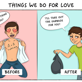Projevy lásky. Vlevo v bublině: „Udělám pro tebe všechno!“ Vpravo v bublině: „Že jsi to ty, tak ty odpadky vynesu.“