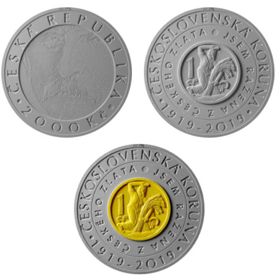 Pamětní bimetalová 2000Kč mince k 100. výročí zavedení československé koruny.