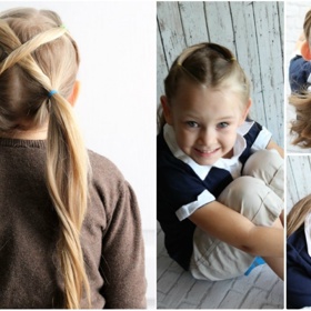 1. Překřížené copy. Rozdělte vlasy na temeni napůl a zagumičkujte je tak, aby vznikly dva culíky. Dejte je na stranu, aby se nepletly do zbylých vlasů. Ty rozdělte na poloviny, překřižte culíky na temeni a spojte je u hlavy se zbylými vlasy gumičkou.