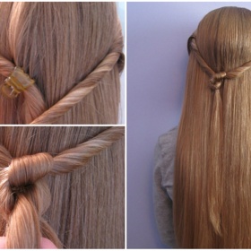 2. Elfí víla. Vezměte u spánků střední prameny vlasů, stočte je a udělejte uprostřed hlavy v vzadu uzel. Udělejte ještě jeden, tentokrát ale překřižte pravý pramen přes druhý. Těsně pod uzlem vlasy zagumičkujte.