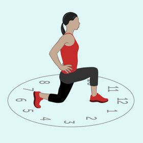 „Hodiny“ – představte si, že stojíte uprostřed hodin s 12 hodin před vámi a 6 hodin za vámi. Udělejte krok vpřed (na 12 hodin), pravá noha zaujme pozici výpadu. Přeneste váhu na pravou patu a odrazte se zpět do výchozí polohy. Totéž udělejte pravou nohou na 1, 2, 3, 4, 5 a 6 hodin a levou nohou na 6, 7, 8, 9, 10, 11 a 12 hodin.