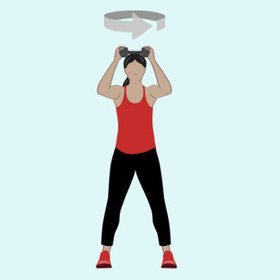 „Svatozář“ – zaujměte stejný postoj jako na obrázku, vezměte si středně těžkou činku a pomalu s ní kružte kolem hlavy (jako byste malovali svatozář).