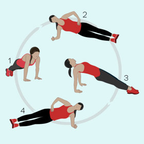 „Prkno“ – začněte v pozici prkna na obou rukou nebo předloktí. Vydržte 30 sekund a změňte polohu podle obrázku. Vydržte dalších třicet sekund a opět změňte polohu… dokud tímto způsobem neopíšete kružnici.