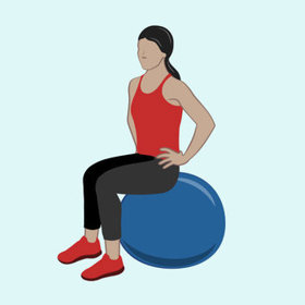 „Hodiny s rehabilitačním míčem“ – sedněte si na míč, dejte ruce v bok a snažte se udržovat horní část těla a nohy nehybné. Pomocí břišních svalů posouvejte své boky dopředu a dozadu (nejprve mezi 12. a 6. hodinou a pak mezi 3. a 9. hodinou). Dále pohybujte boky v kruhu (v obou směrech).