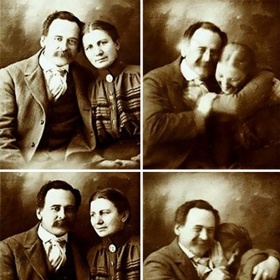 Viktoriánský pár se snaží zadržet smích během focení... ale nejde to (1890).