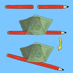 Tajemství číslo 2: Roztržená bankovka. Trik spočívá v tužce, kterou tvoří dvě části spojené magnetem.