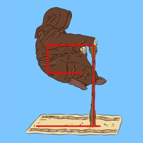 Tajemství číslo 3: Levitace. To, co na první pohled vypadá jako levitace, je ve skutečnosti důmyslné křesílko – skrz kápi se vine podpora, co připomíná stoličku.