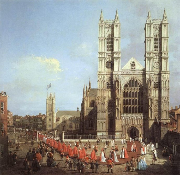 Westminsterské opatství na malbě z roku 1749.