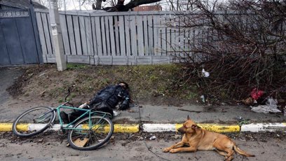FOTO: Pes zůstal se svým majitelem i poté, co ho zabili ruští vojáci.