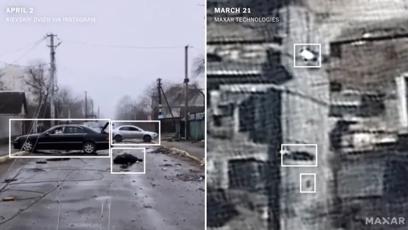 FOTO: Satelitní snímky jasně ukazují, že k masakru došlo, když byli ve městě Rusové. Záběr z videa vlevo je z druhého dubna. Snímek vpravo, kde je přesně vidět lidské tělo, je z 21. března.