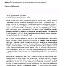 Výzva Aliance pro rodinu k psaní společnosti ČEZ, která se postavila proti diskriminaci LGBT.