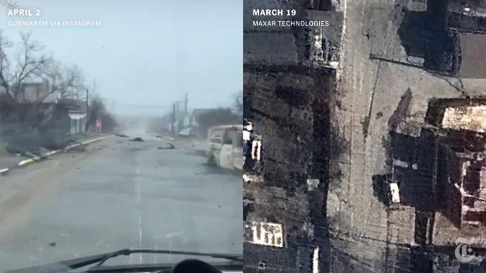 FOTO: Analytici porovnali záběry z druhého dubna, kdy ve městě byly ukrajinské jednotky, a z 19. března, kdy Buču okupovali Rusové. – stránka 1184