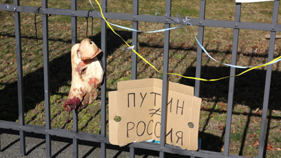 FOTO: Před ruskou ambasádou v Praze je i prasečí hlava.