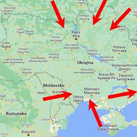 Šipky ukazují, kudy by šel ruský útok na území Ukrajiny.