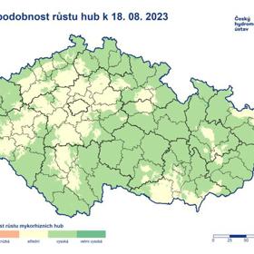 Pravděpodobnost růstu hub k 18. 8. 2023. Rostly, ale ne všude.