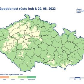 Pravděpodobnost růstu k hub k 20. 8. 2023. Aneb kde aktuálně rostou houby.