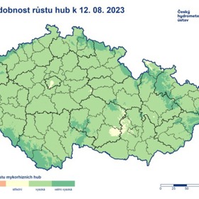 Pravděpodobnost růstu hub k 12. 8. 2023. Je vidět, že v první polovině měsíce srpna byla situace výrazně lepší.
