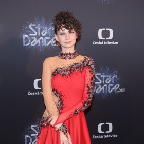 Účes Darija ozvláštnila ještě štrasovou ozdobou v barvě šatů po straně hlavy.