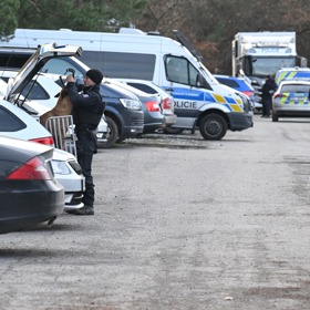 Na místě jsou psovodi, vzadu je vidět velitelský kamion.