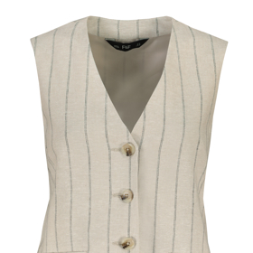 Dostupnou oblekovou sestavu pořídíte i u značky F&F, navíc v trendy lněné variantě v přírodním béžovém odstínu. Vesta stojí 599 Kč.