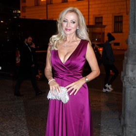 Herečka Kateřina Brožová vynesla večerní róbu ve švestkově fialové barvě s velmi hlubokým výstřihem. Doplnila ji stříbrným psaníčkem.