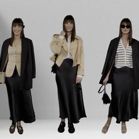 Elegantní outfity se saténovou sukní. 