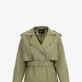 Koženkový trenčkot ve zkrácené délce a trendy odstínu oliv, Faina, 3 690 Kč