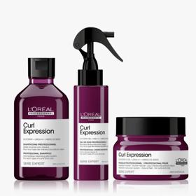 Sadu péče specializovanou na kudrnaté vlasy nabízí také značka L'Oreal Proffessionel. (Čisticí šampon, intenzivní hydratační maska  a obnovující sprej pro vlnité a kudrnaté vlasy, L'Oreal Proffessionel, 1 776 Kč/sada)