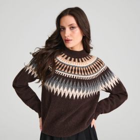 Témeř geometrické motivy zdobí tento svetřík značky Sinsay za 359 Kč.