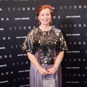 Jana Nagyová oblékla k pajetkovému topu šedivou saténovou sukni.