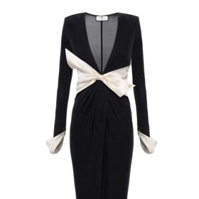 Sametové večerní šaty s mašlí a manžetami v kontrastní barvě, Elisabetta Franchi, 11 500 Kč