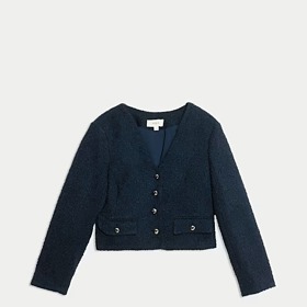 Tvídová bunda s třásněmi a s výstřihem do V, Marks&Spencer, 2499 Kč