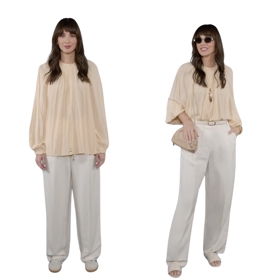 Rozdíl mezi obléknutím a stylingem na příkladu dvou širokých kousků oblečení. Přidejte pásek, zlaté doplňky a místo tenisek elegantní pantfole, a krásný outfit je na světě. 