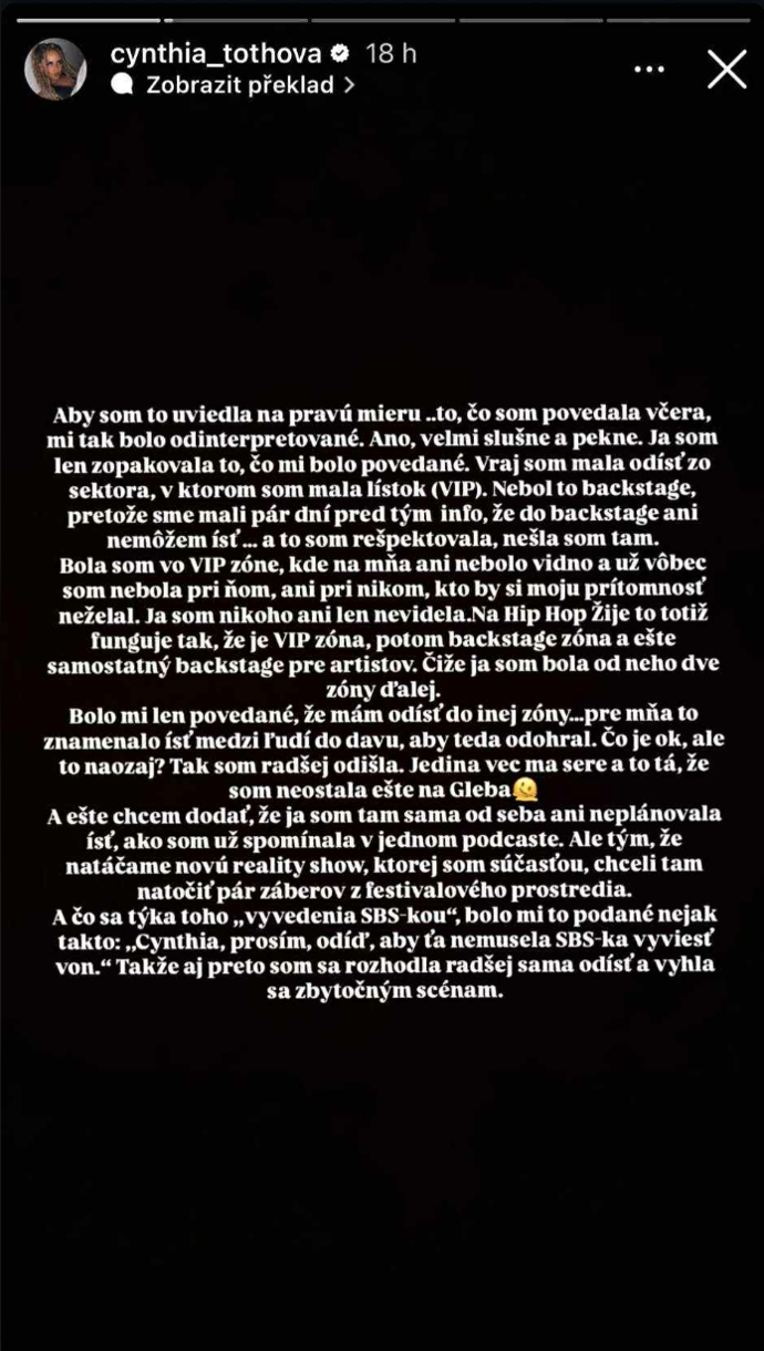 FOTO: Cynthia Tóthová se k celé situaci vyjádřila.