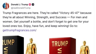 FOTO: Debut parfémů Trump oznámil skrze sociální síť Social Truth.