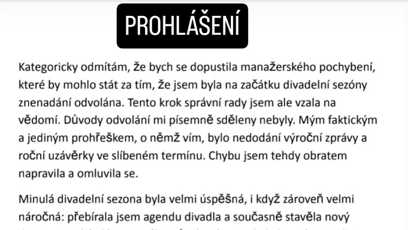 FOTO: Vyjádření Kláry Cibulkové k jejímu odvolání z postu ředitelky.