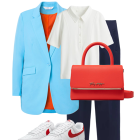 Takto by model upravila stylistka Nikola Marková. Červené kalhoty by vyměnila za tmavě modré a triko zvolila čistě bílé. 