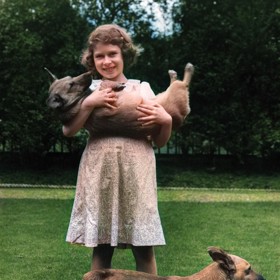 Přibližně desetiletá princezna Elizabeth na zahradě rodinného sídla na Piccadilly 145. Jak vidno, už jako malá chovala lásku ke psím miláčkům plemene velškorgi, která jí vydržela až do smrti.