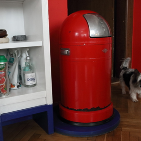 Samozřejmě je červený i odpadkový koš - zpoza něj vykukuje jeden z Bářiných pejsků.