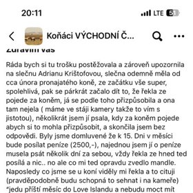 Zpráva od majitelky koně. 