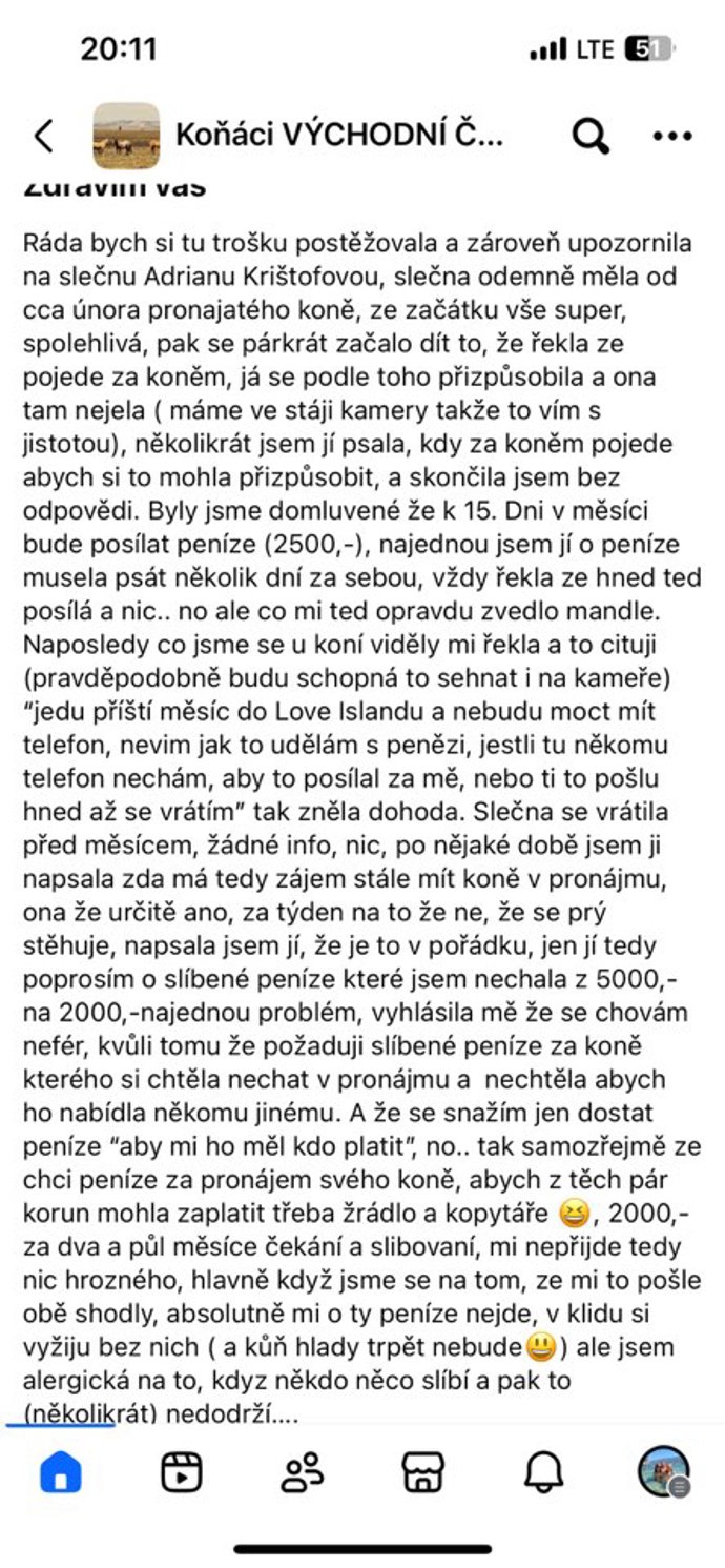 FOTO: Zpráva od majitelky koně.