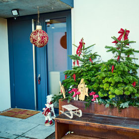 Před vchodem do domu Agáty Hanychové nemůžete minout dva nazdobené stromky. 