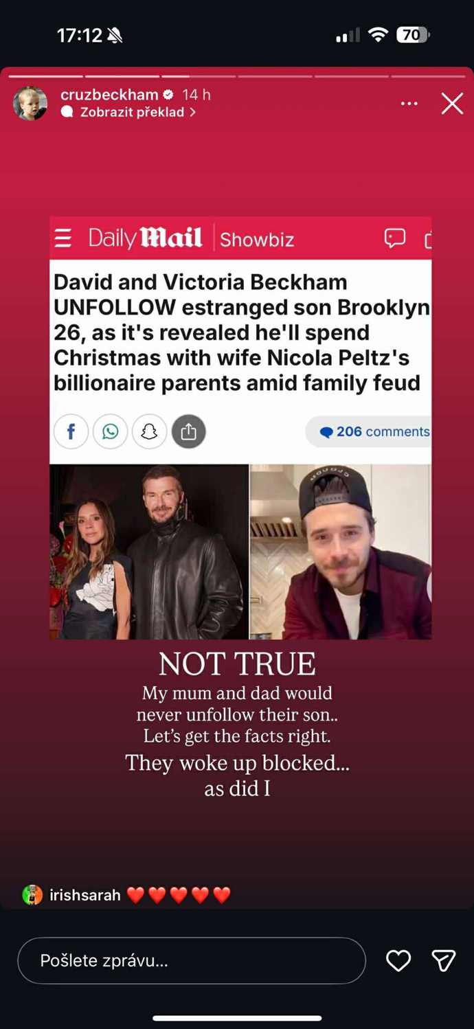 FOTO: Cruz Beckham se vyjádřil k tomu, že si Brooklyn zablokoval na sociálních sítích nejen svého bratra, ale i rodiče Davida a Victorii Beckham.