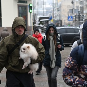 Lidé se museli evakuovat z bytů v Kyjevě i se svými mazlíčky.