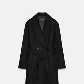 Prodloužený kabát s páskem z vlněné směsi, Zara, 2799 Kč