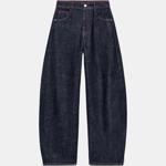 Džíny střihu barrel s vysokým pasem, kontrastním prošitím a výšivkou srdce vzadu, Zara, 999 Kč